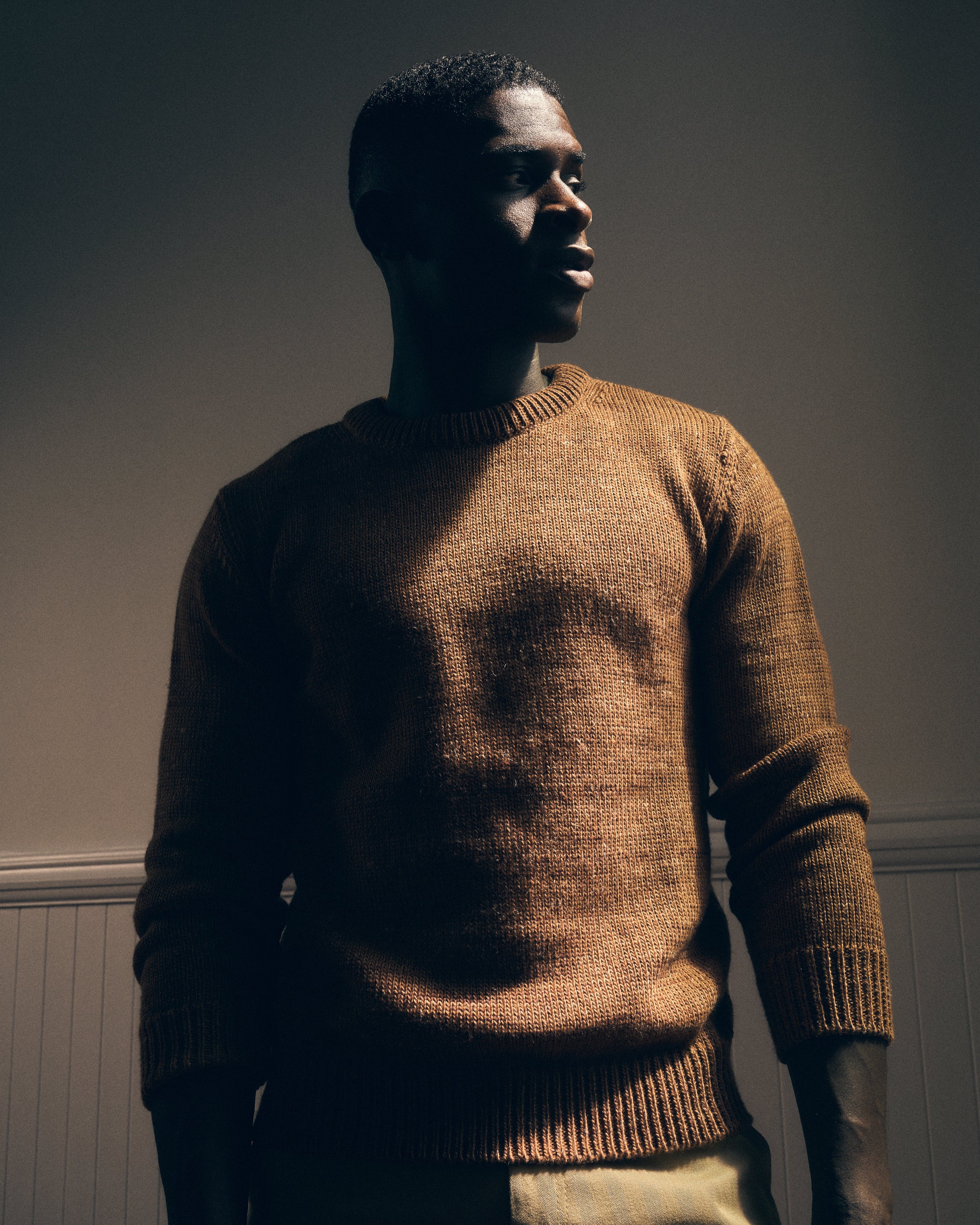 Man wearing a brown sweater against a plain background from Fields.
