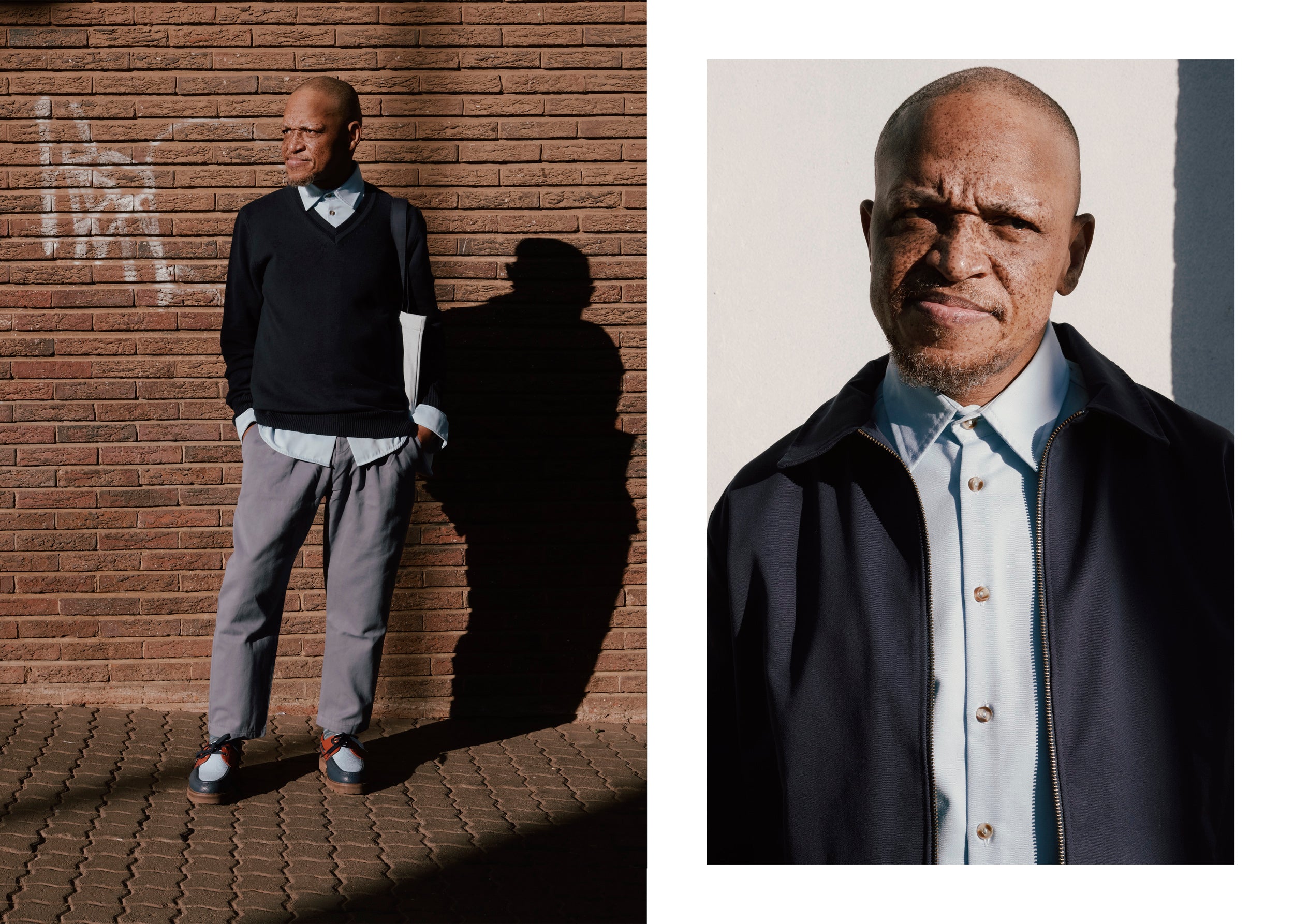 Felipe Mazibuko by Art Verrips ft Black Iris General Jacket, Folkestone Grey Weekend Trousers and 1 Pocket Shirt in Bluebell