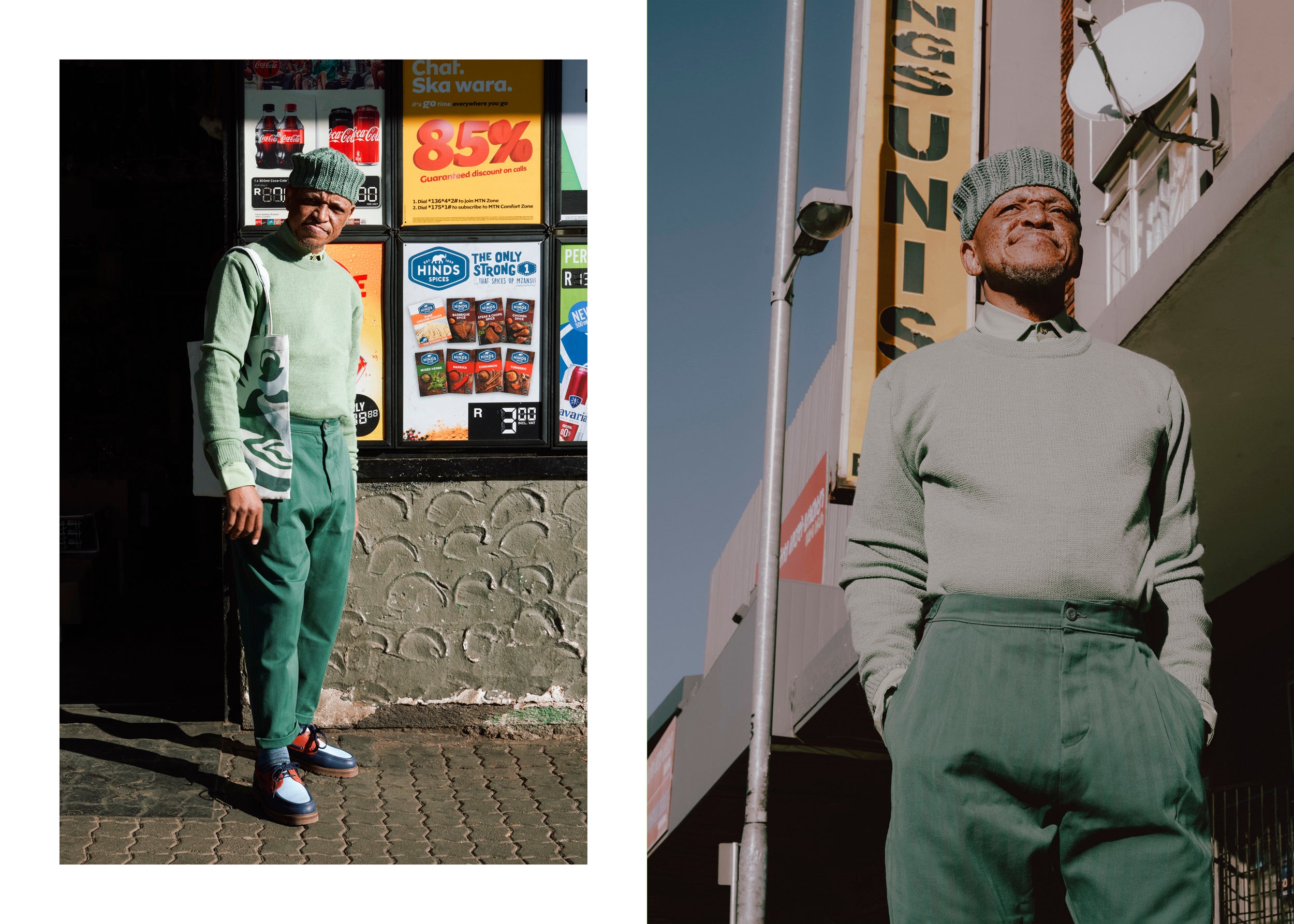 Felipe Mazibuko by Art Verrips ft Mistletoe Round Neck, Pineneedle Weekend Trousers, Kim Van Vuuren Tote and Green Eyes field Shirt