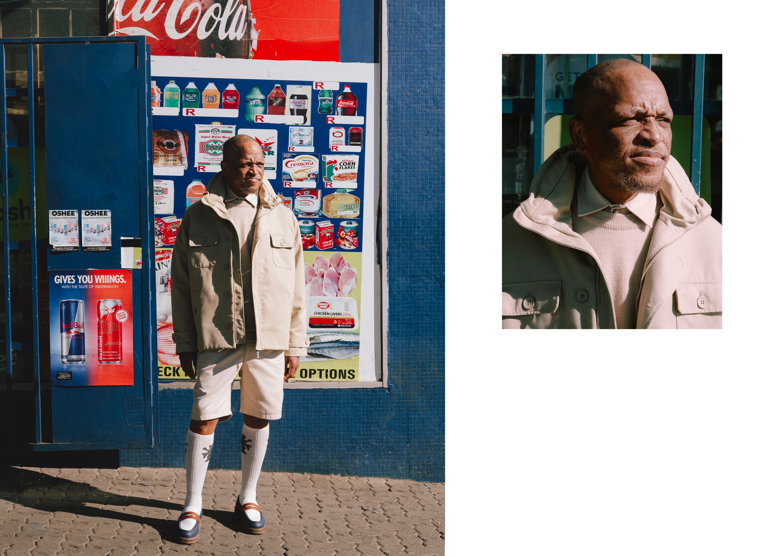 Felipe Mazibuko by Art Verrips, ft Incense Field Jacket, Oxford tan Art Shorts, Irish Cream Round Neck, Buttercream 1 Pocket Shirt and Everyday Socks