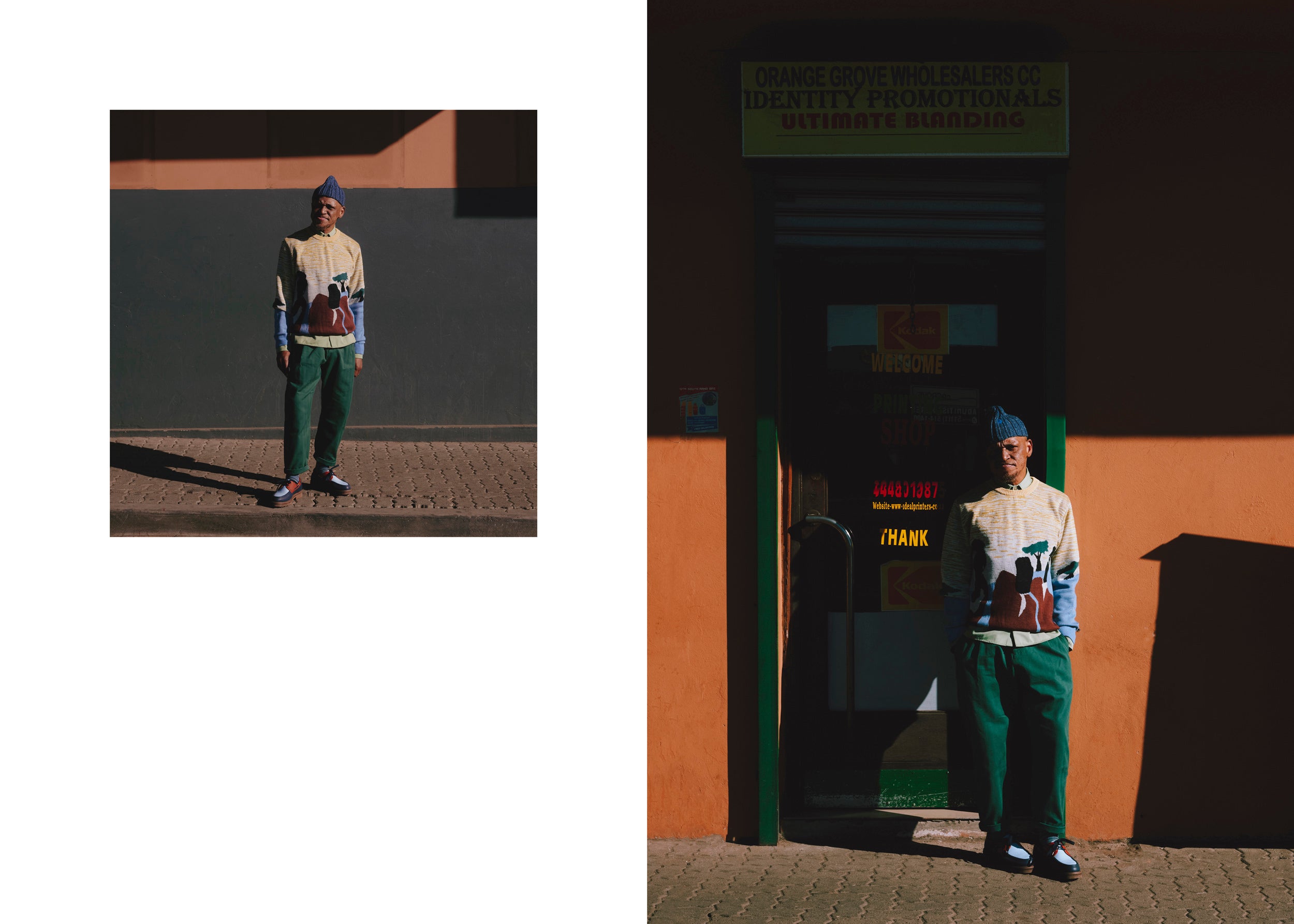 Felipe Mazibuko by Art Verrips ft FIELDS x Lwando Dlamini Sweater, Pineneedle Weekend Trousers and Green Eyes Field Shirt