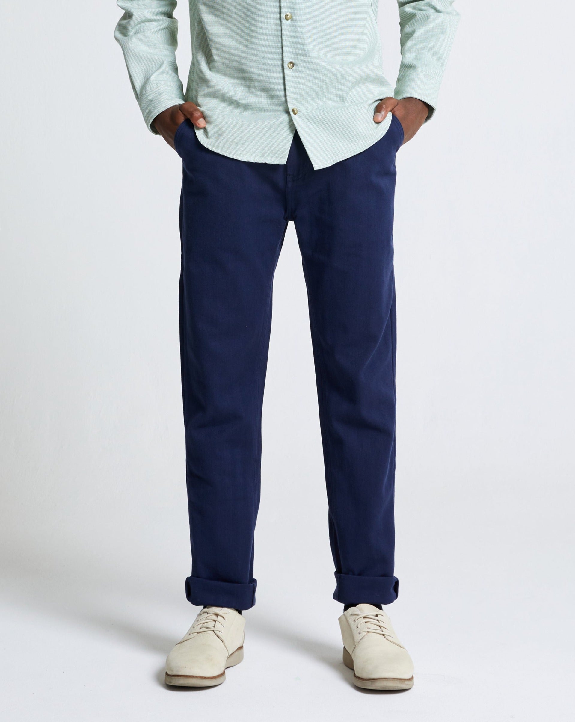 The Cotton Herringbone Straight Leg Trouser in Black Iris (Navy)